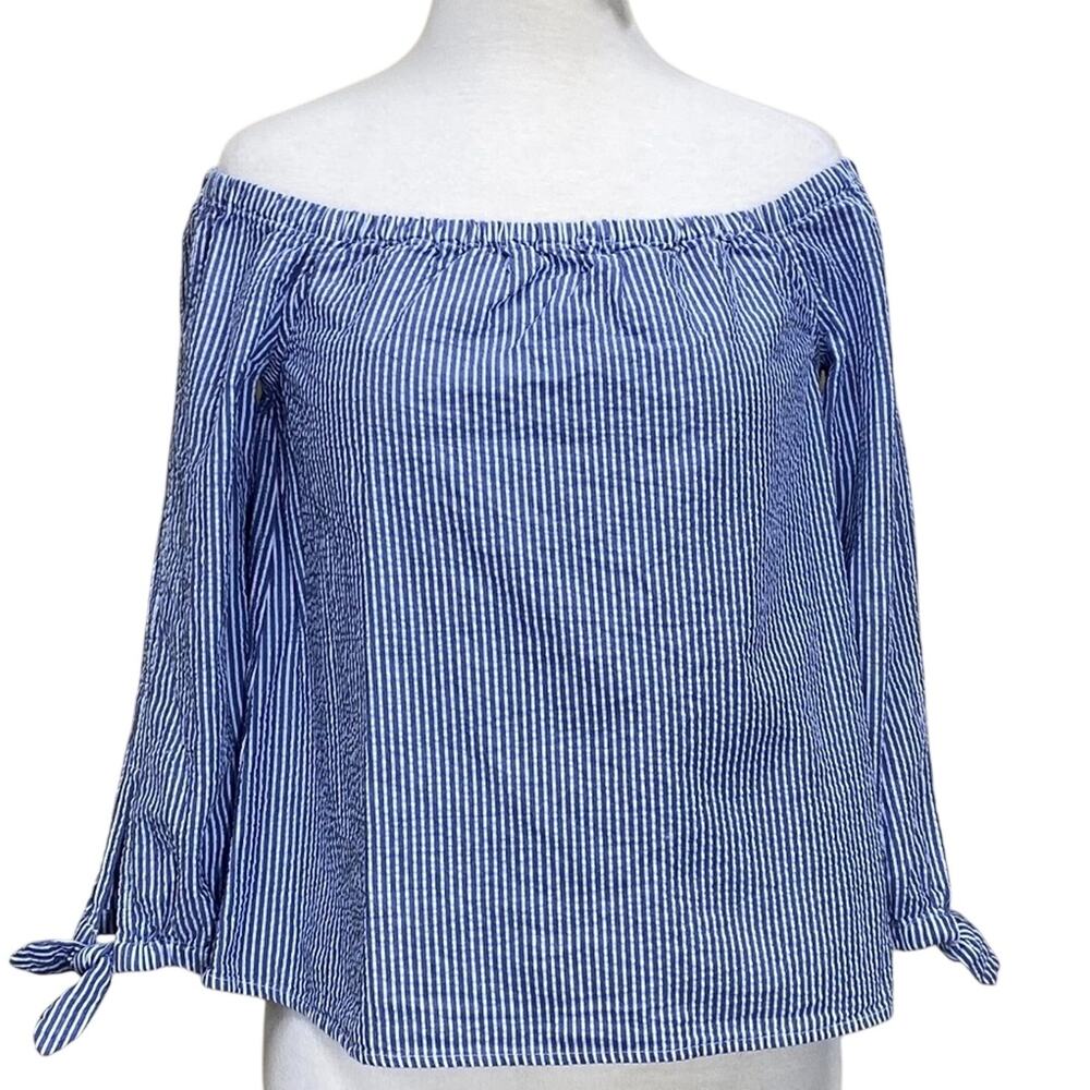 Vineyard Vines Seersucker Blouse Wmns 2 XS Off Shoulder 3/4 Sleeve Stripe EUC